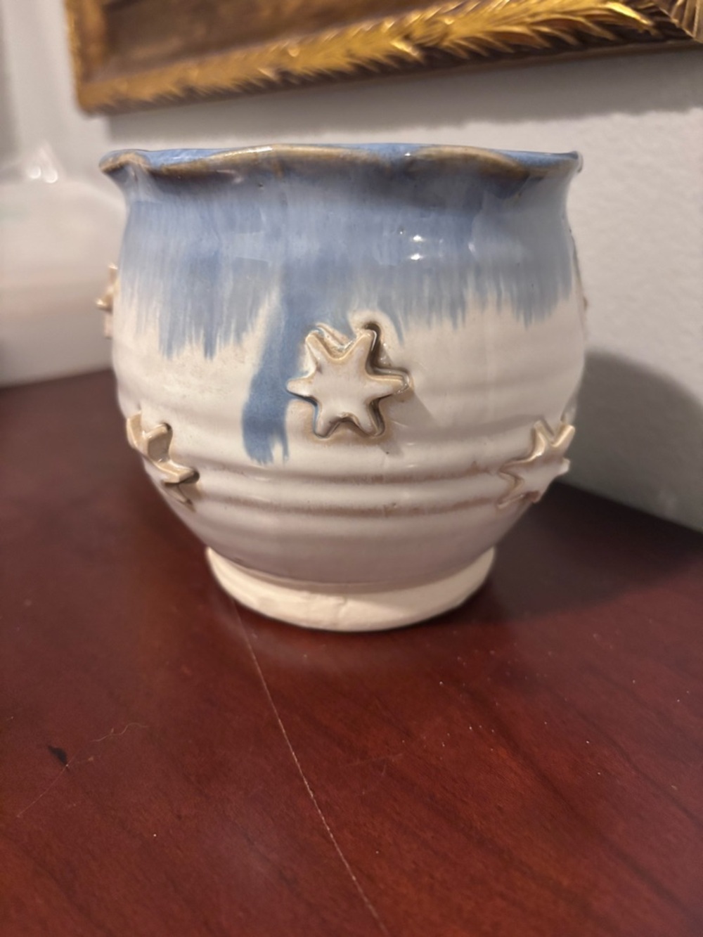 Handmade 1992 Blue and White Star Accent Ceramic Vase Candle Holder